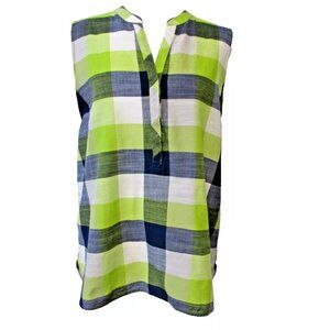Foxcroft Womens Gingham Tank Top, Size 10, Blue/Green, V-Neck, Hi-Lo Hem, EUC